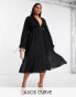 Фото #2 товара ASOS DESIGN Curve pleated blouson sleeve midi dress with belt detail in black