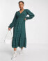 Фото #4 товара New Look puff long sleeve midi wrap dress in dark green check