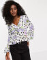 ASOS DESIGN long sleeve ruched front blouse with pleated peplum hem in floral & spot