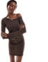 COLLUSION one shoulder long sleeve mini dress in brown