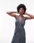 Фото #1 товара Topshop halterneck ruched front textured maxi dress in blue check