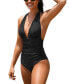 Фото #1 товара Women's V Neck One Piece Swimsuit Halter Backless Ruched Tummy Control Bathing Suit