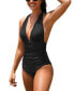 Women's V Neck One Piece Swimsuit Halter Backless Ruched Tummy Control Bathing Suit