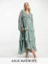 Фото #1 товара ASOS DESIGN Maternity soft midi dress with button front and trailing floral embellishment in sage