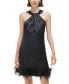 Women's Twist-Neck Feather-Trim Shift Dress