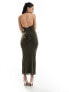 Фото #3 товара ASOS DESIGN high neck ruched mesh midi dress with sheer panels and tie back in khaki