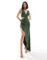 Фото #1 товара ASOS DESIGN textured plunge front asymmetric hem maxi dress in khaki