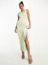 Фото #1 товара ASOS DESIGN one shoulder satin midaxi dress with contrast lace inserts in pale green