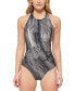 Фото #1 товара Calvin Klein 300725 Women Printed Side-Shirred High-Neck Halter Swimsuit, size 8