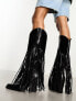 Daisy Street buttery applique fringed knee high western boots in black