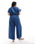 ONLY Curve short sleeve denim jumpsuit in mid wash