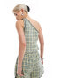 COLLUSION one shoulder top co ord in green & blue check with sports binding