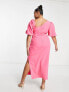 Фото #2 товара ASOS DESIGN Curve puff sleeve midi dress with asym neck line in hot pink