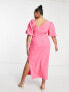 ASOS DESIGN Curve puff sleeve midi dress with asym neck line in hot pink