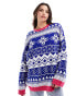 ASOS DESIGN oversized Christmas jumper in fairisle pattern with contrast trim in blue