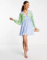 Фото #6 товара ASOS DESIGN Petite batwing pleated mini dress in blue with green embroidery