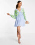 ASOS DESIGN Petite batwing pleated mini dress in blue with green embroidery