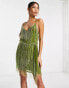 ASOS DESIGN embellished fringe mini dress with tie waist detail in lime