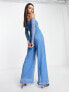 Amy Lynn Odette bardot wide leg jumpsuit in blue sparkle plisse