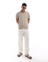 New Look short sleeve textured stripe polo shirt in camel