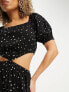 Esmee Exclusive beach square neckline mini summer dress with cut out detail in black polka dot