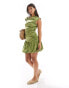 ASOS DESIGN asymmetric mini dress with puffball hem and sleeve in olive green