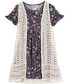 Фото #4 товара Big Girls Floral-Print Dress & Crochet Vest, 2 Piece Set