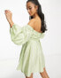 ASOS DESIGN Petite washed off shoulder balloon slv mini dress with wrap corset detail in sage green