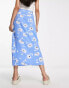 ASOS DESIGN bow detail midi skirt with thigh split in blue daisy print