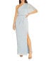 Adrianna Papell Metallic Crinkle Mesh One Shoulder Gown Skyway Blue 4