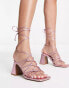 ASOS DESIGN Helene knotted block heeled sandals in pink metallic