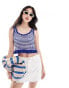 Stradivarius crochet crop top with ruffle hem in blue stripe