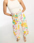 ASOS DESIGN oversized floral printed paperbag waist wide leg trouser with linen in multi