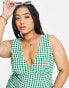 ASOS DESIGN Curve v neck midi slip sundress in green textured gingham