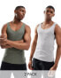 ASOS DESIGN 2 pack rib vests in khaki and grey marl