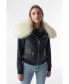 ფოტო #1 პროდუქტის Women's Detachable Natural Shearling Collar Bomber Jacket, Natural Grain Black