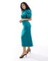 ASOS DESIGN high neck volume sleeve midi dress with fitted skirt in jade green