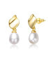 ფოტო #1 პროდუქტის Sterling Silver 14k Yellow Gold Plated with Oval White Freshwater Pearl Seashell Design Double Dangle Earrings