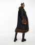 Native Youth longline cocoon puffer coat in black with brown faux fur trim