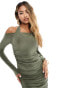 ASOS DESIGN – Mehrlagiges Maxikleid in Khaki mit Neckholder-Träger und Carmen-Ausschnitt