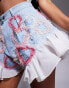 Фото #3 товара ASOS LUXE heart embellished denim shorts with organza trim in mid wash blue