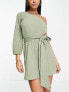 ASOS DESIGN one shoulder belted crinkle beach mini dress in khaki