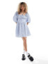 Glamorous bow detail corset top mini smock dress in textured blue check синий клетчатый, 44 - фото #5