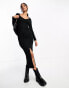 Фото #2 товара ASOS DESIGN v neck long sleeve ribbed midi dress with front split detail in black