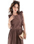 Фото #3 товара ASOS DESIGN high neck twill midi dress with frill shoulder detail in brown