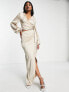Flounce London Tall satin wrap front cropped blouse with balloon sleeves in mink co-ord