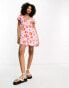 ASOS DESIGN flutter sleeve mini tea dress with buttons in pink and red floral print