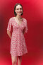 V Yaka Çiçekli Maroken Mini Kısa Kollu Kırmızı Elbise B0127ax24sp