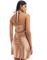 Miss Selfridge satin lace trim halter mini dress in bronze