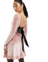 Фото #3 товара Miss Selfridge low back fit and flare velour mini dress with bow in dusty pink